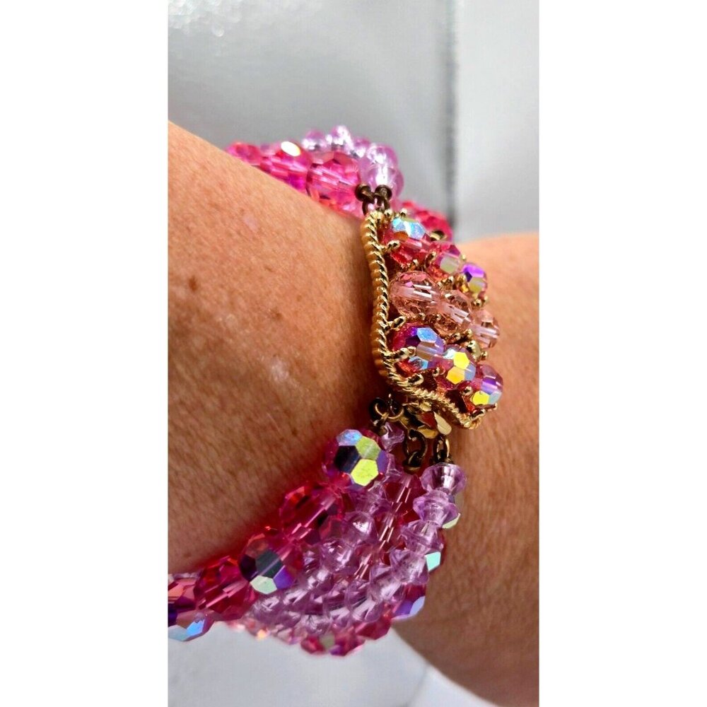 Marvella VTG Shades of Pink Crystal AB Beads 5 Strands Bracelet with Box Clasp